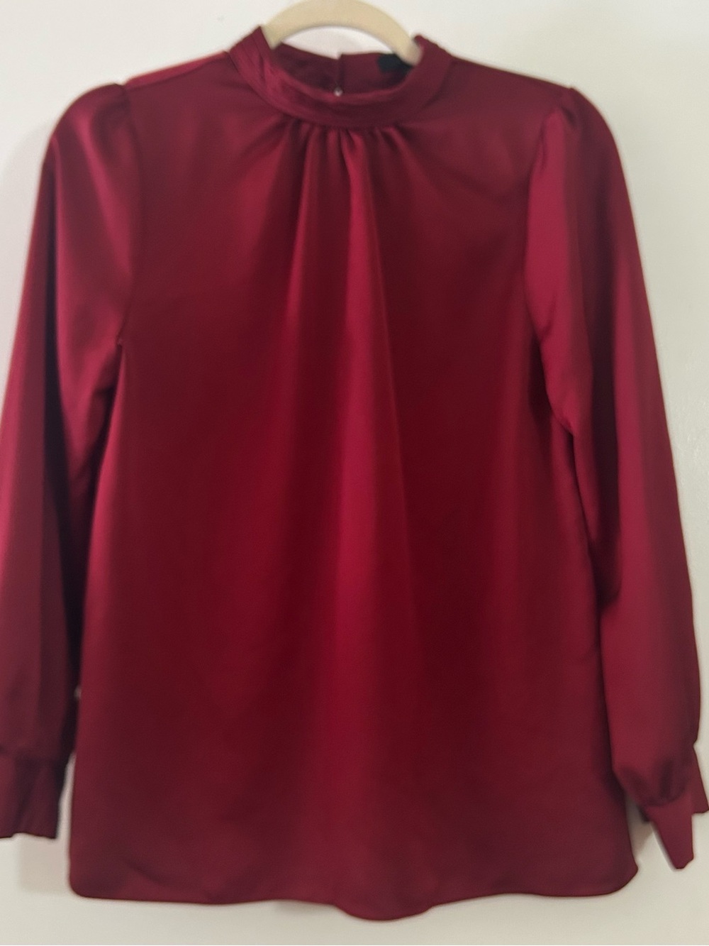J Crew Blouse High Ruched Neck Long Sleeve Puff Cranberry Burgundy Wine XS